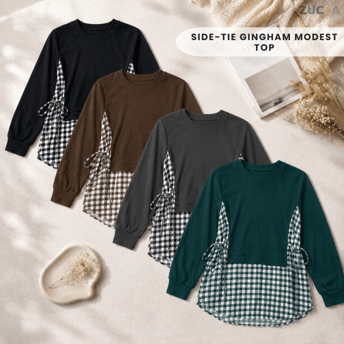 ZUCCA UQASHA SIDE-TIE GINGHAM MODEST TOP - MA128