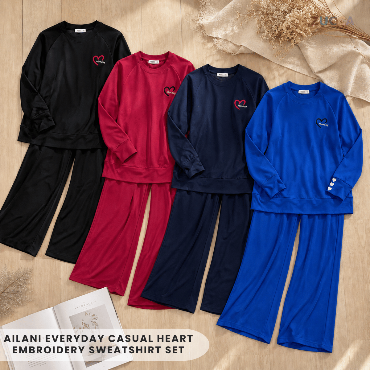 ZUCCA AILANI EVERYDAY CASUAL HEART EMBROIDERY SWEATSHIRT SET - MA132
