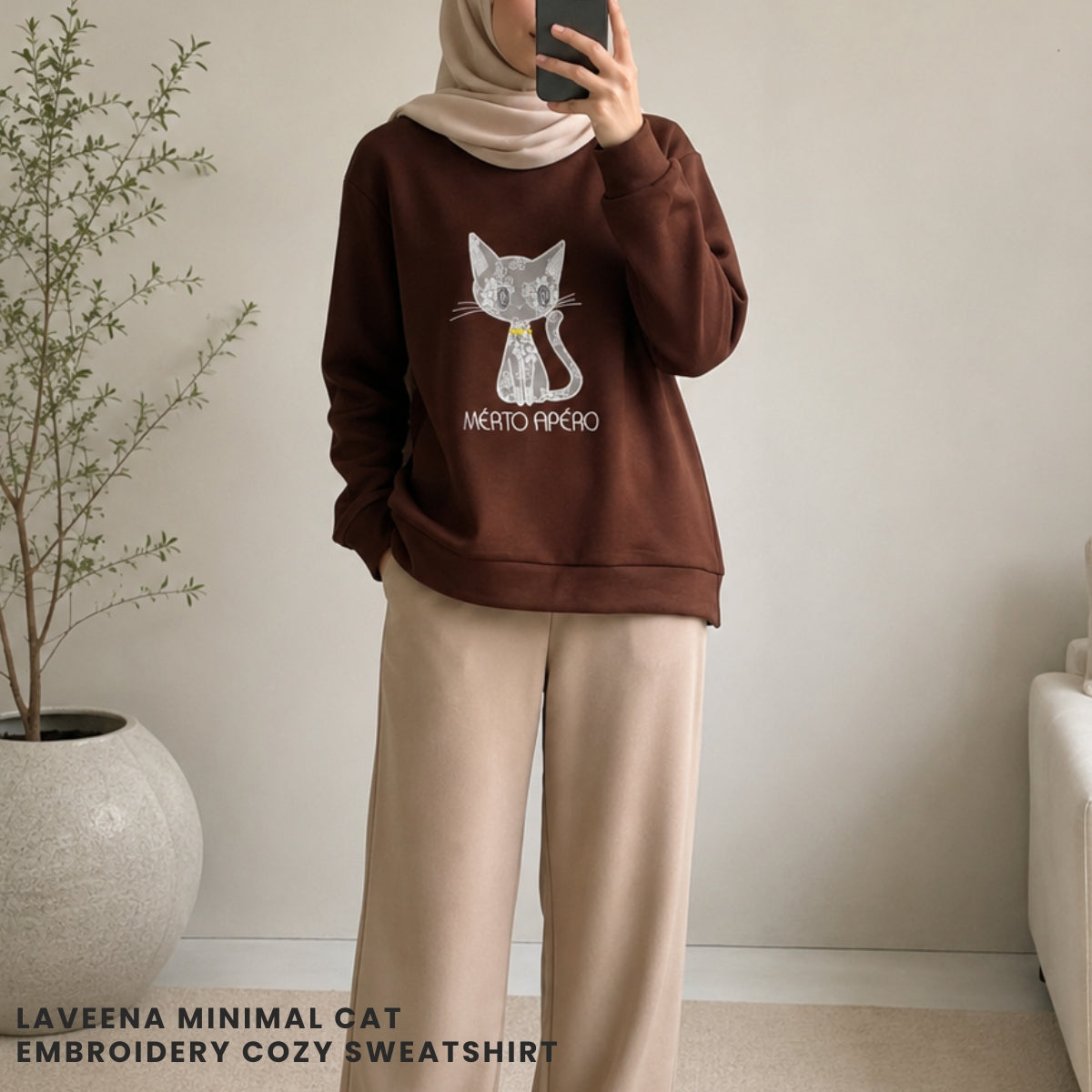 ZUCCA LAVEENA MINIMAL CAT EMBROIDERY COZY SWEATSHIRT - MA151