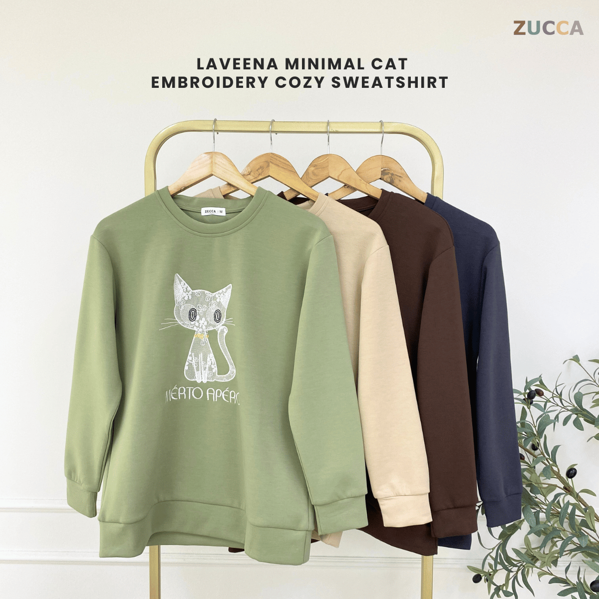 ZUCCA LAVEENA MINIMAL CAT EMBROIDERY COZY SWEATSHIRT - MA151