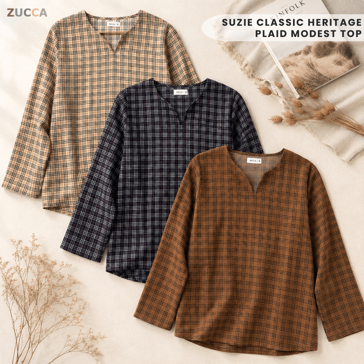 ZUCCA SUZIE CLASSIC HERITAGE PLAID MODEST TOP - MA187