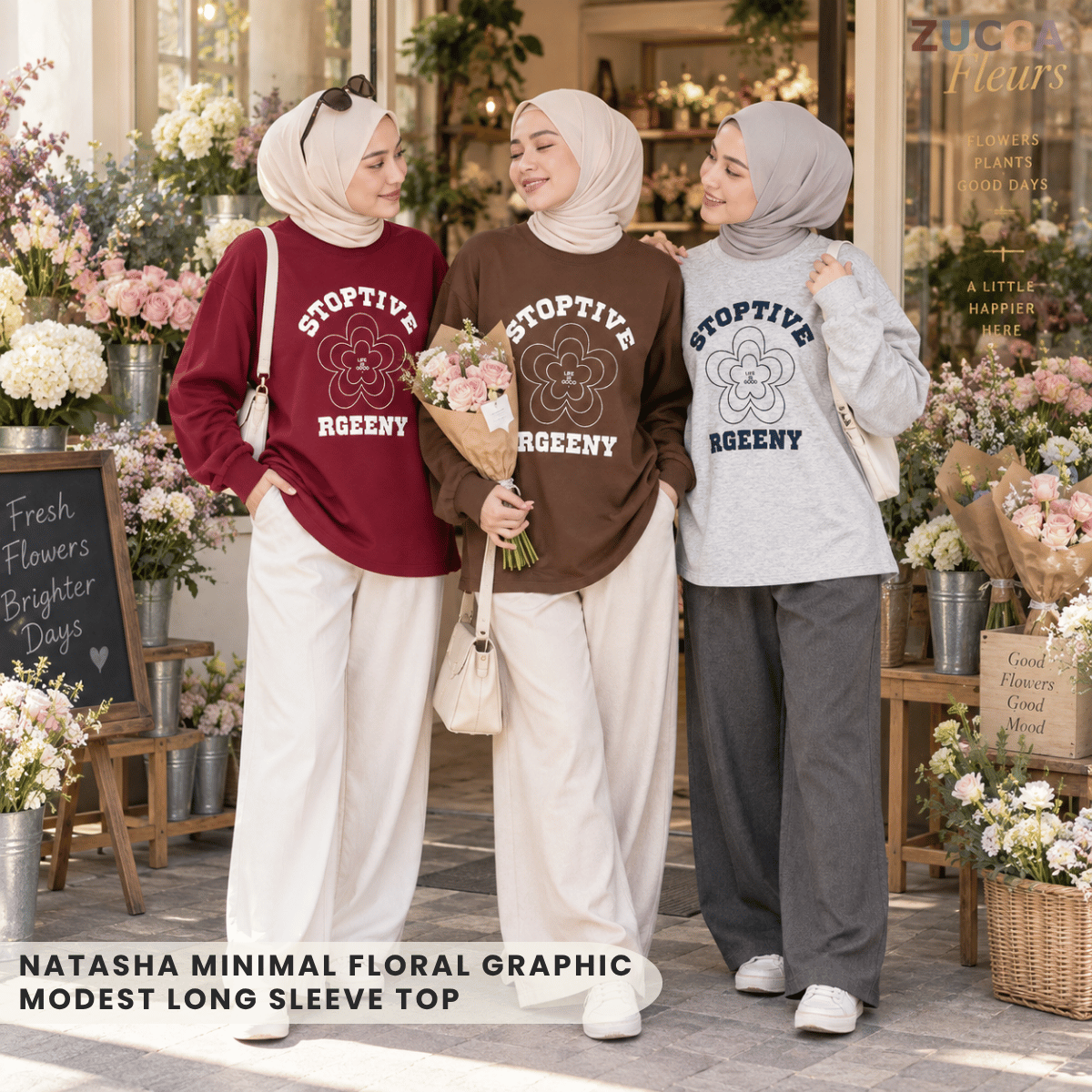 ZUCCA NATASHA MINIMAL FLORAL GRAPHIC MODEST LONG SLEEVE TOP - MA188