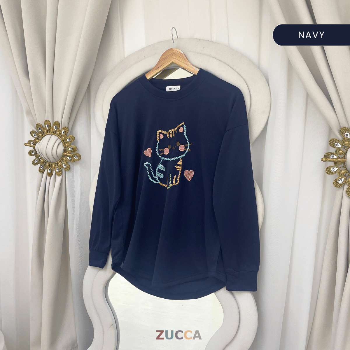 ZUCCA FIORA EMBROIDERED CAT MODEST LONG SLEEVE TOP - MA189