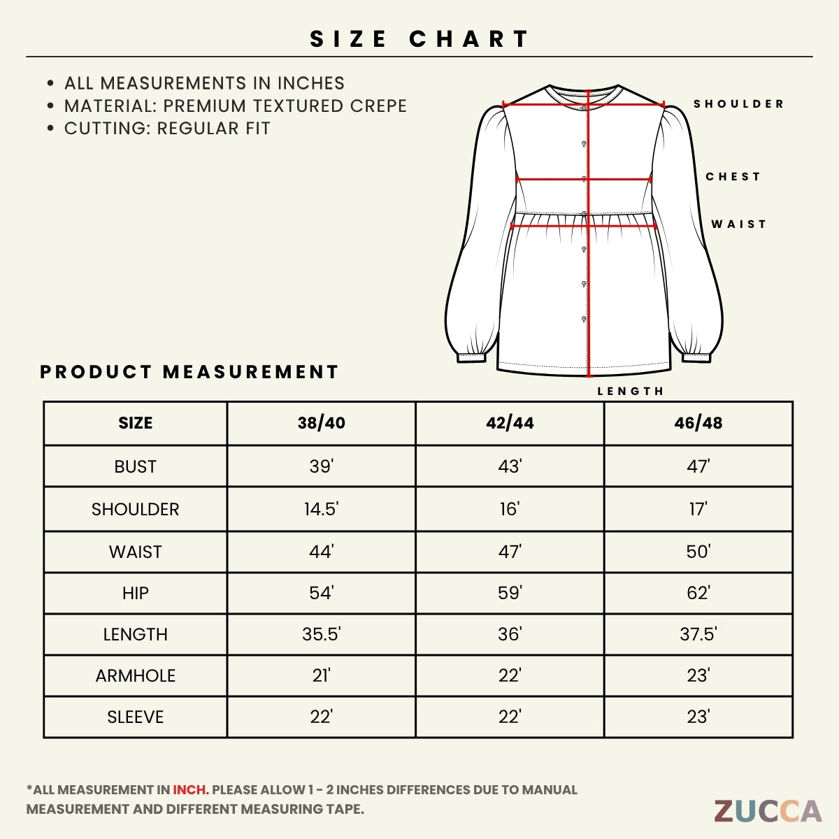ZUCCA FAZILA EMBROIDERED SCALLOP MODEST LONG BLOUSE - GC005