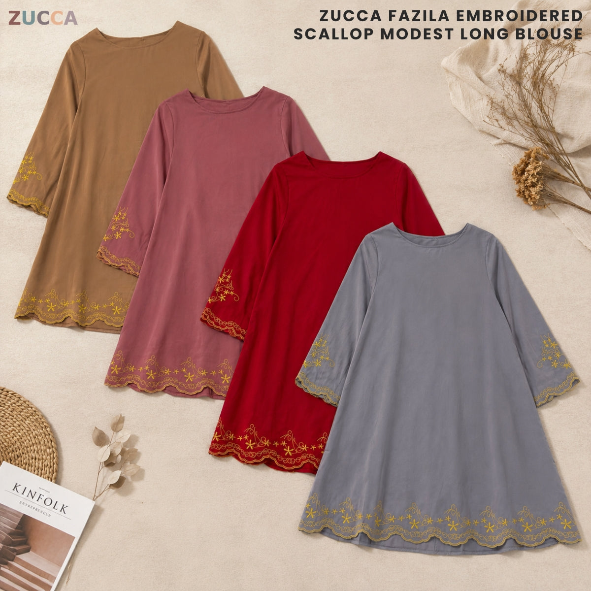 ZUCCA FAZILA EMBROIDERED SCALLOP MODEST LONG BLOUSE - GC005