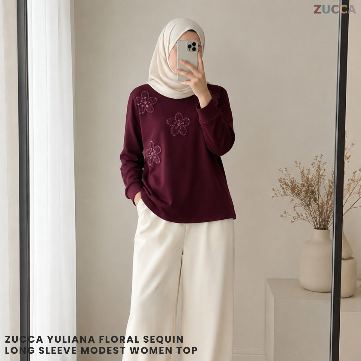ZUCCA YULIANA FLORAL SEQUIN LONG SLEEVE MODEST WOMEN TOP - MA201
