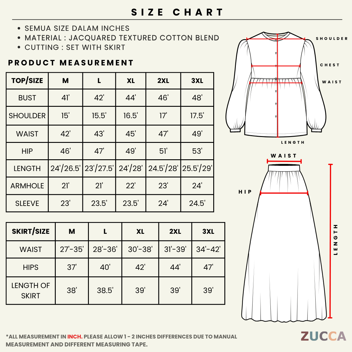 ZUCCA AILEEN PEARL BUTTON MODEST SKIRT SET – MA239