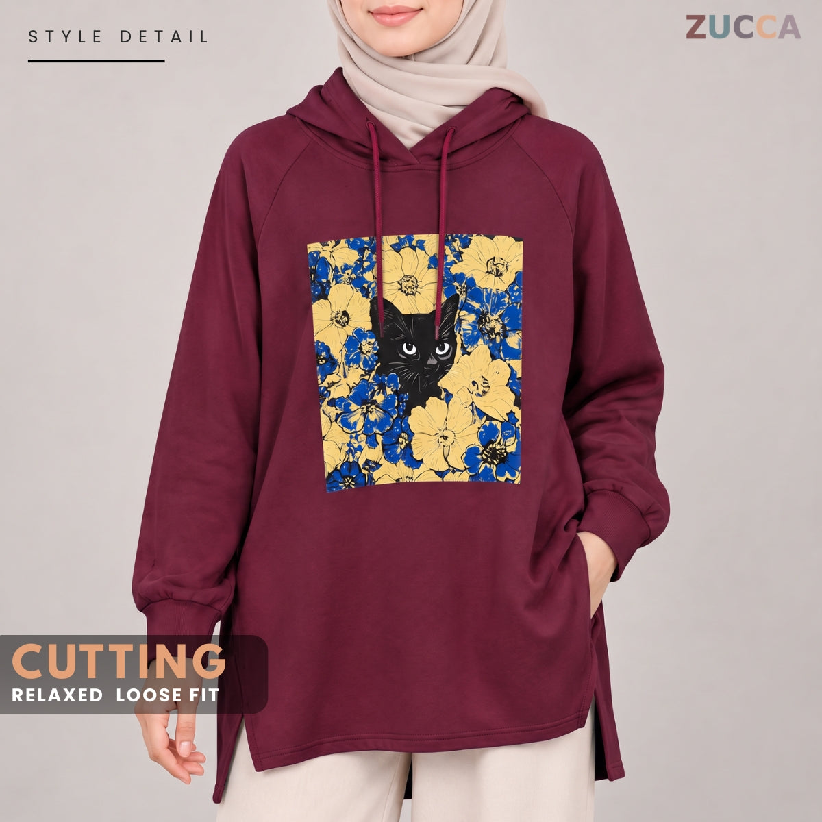 ZUCCA HUMAIRA FLORAL GRAPHIC HOODIE DRESS LONG SLEEVE-MA257