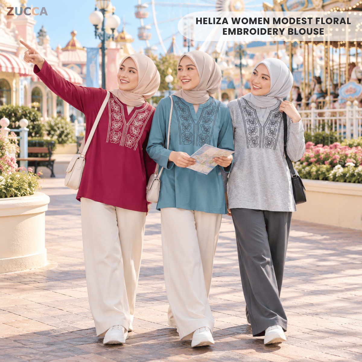 ZUCCA HELIZA WOMEN MODEST FLORAL EMBROIDERY BLOUSE - MA273
