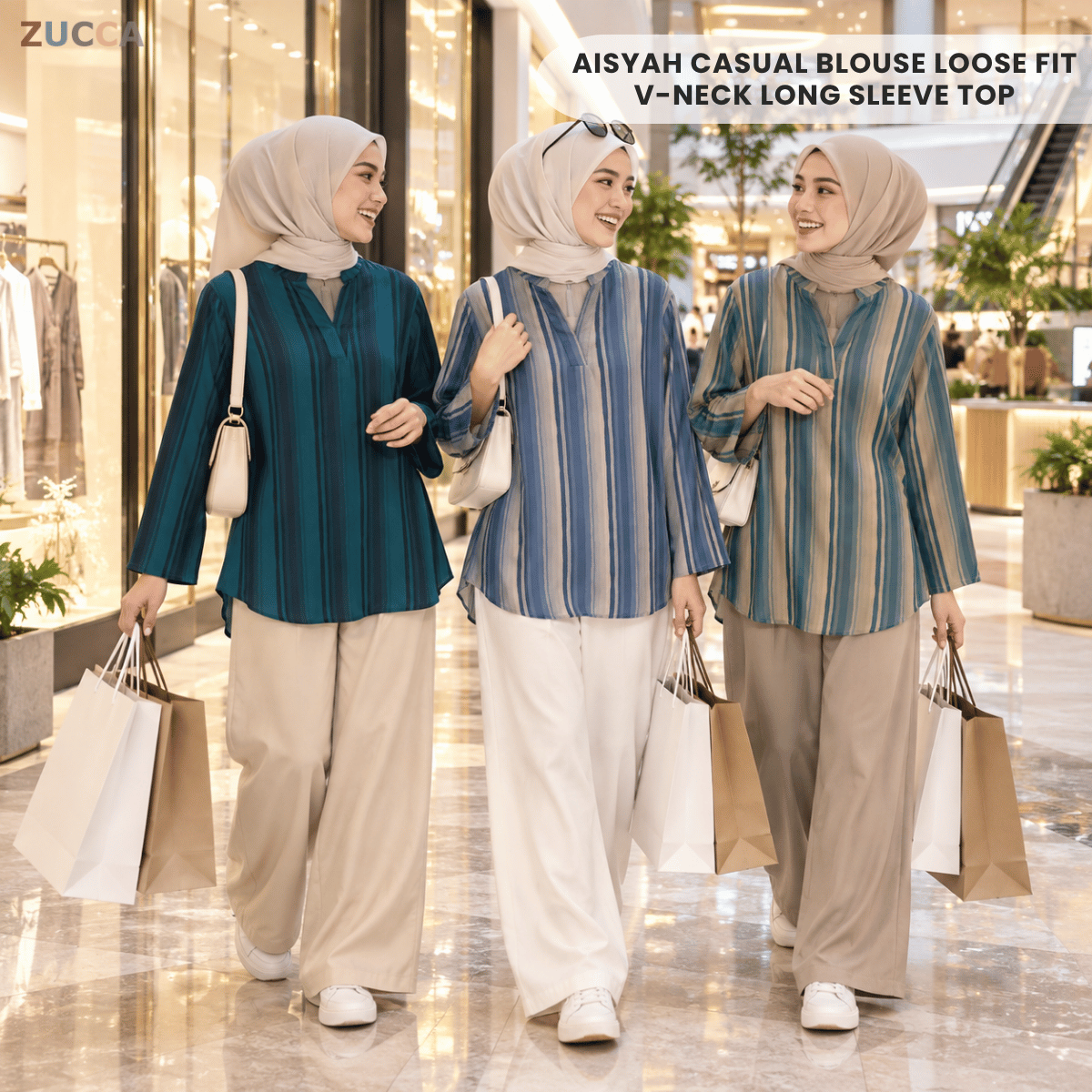 ZUCCA AISYAH CASUAL BLOUSE LOOSE FIT-V-NECK LONG SLEEVE TOP - MA279