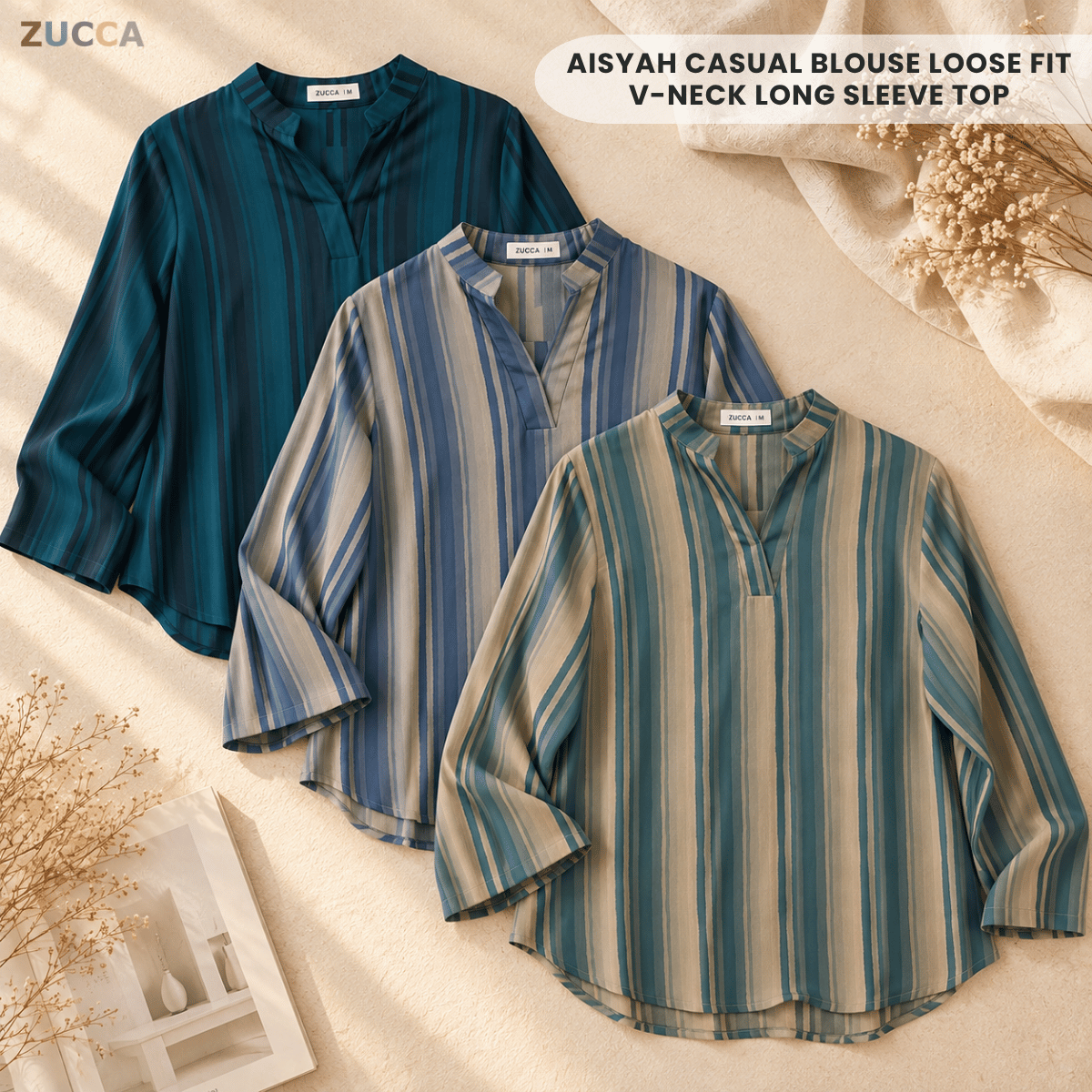 ZUCCA AISYAH CASUAL BLOUSE LOOSE FIT-V-NECK LONG SLEEVE TOP - MA279