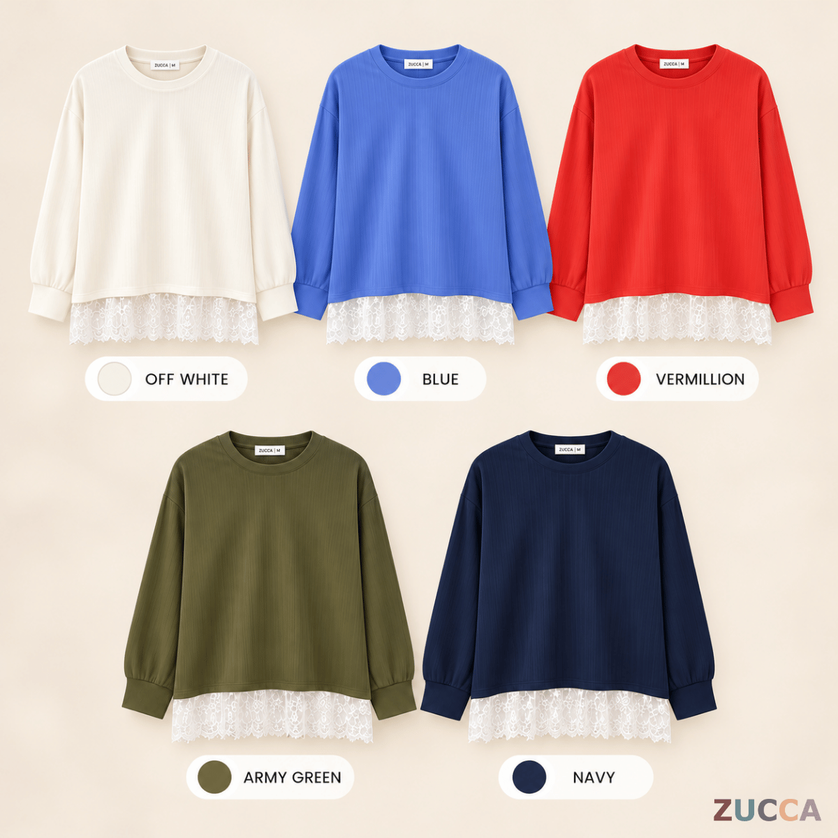 ZUCCA MEDINA RIBBED KNIT LACE HEM LONG SLEEVE -MA283