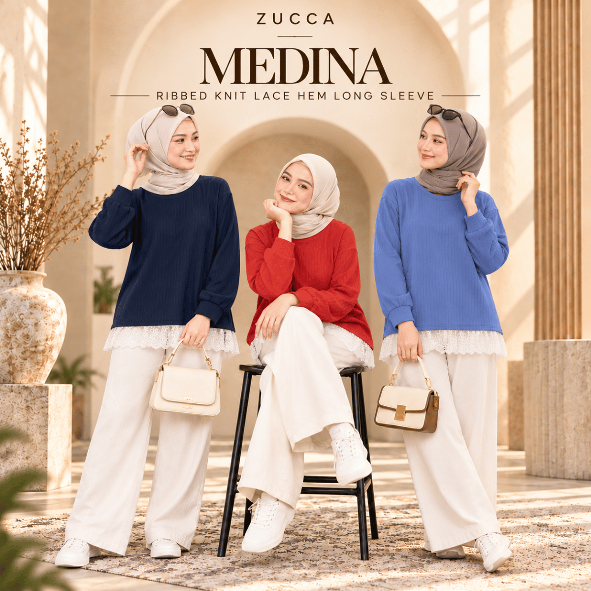 ZUCCA MEDINA RIBBED KNIT LACE HEM LONG SLEEVE -MA283