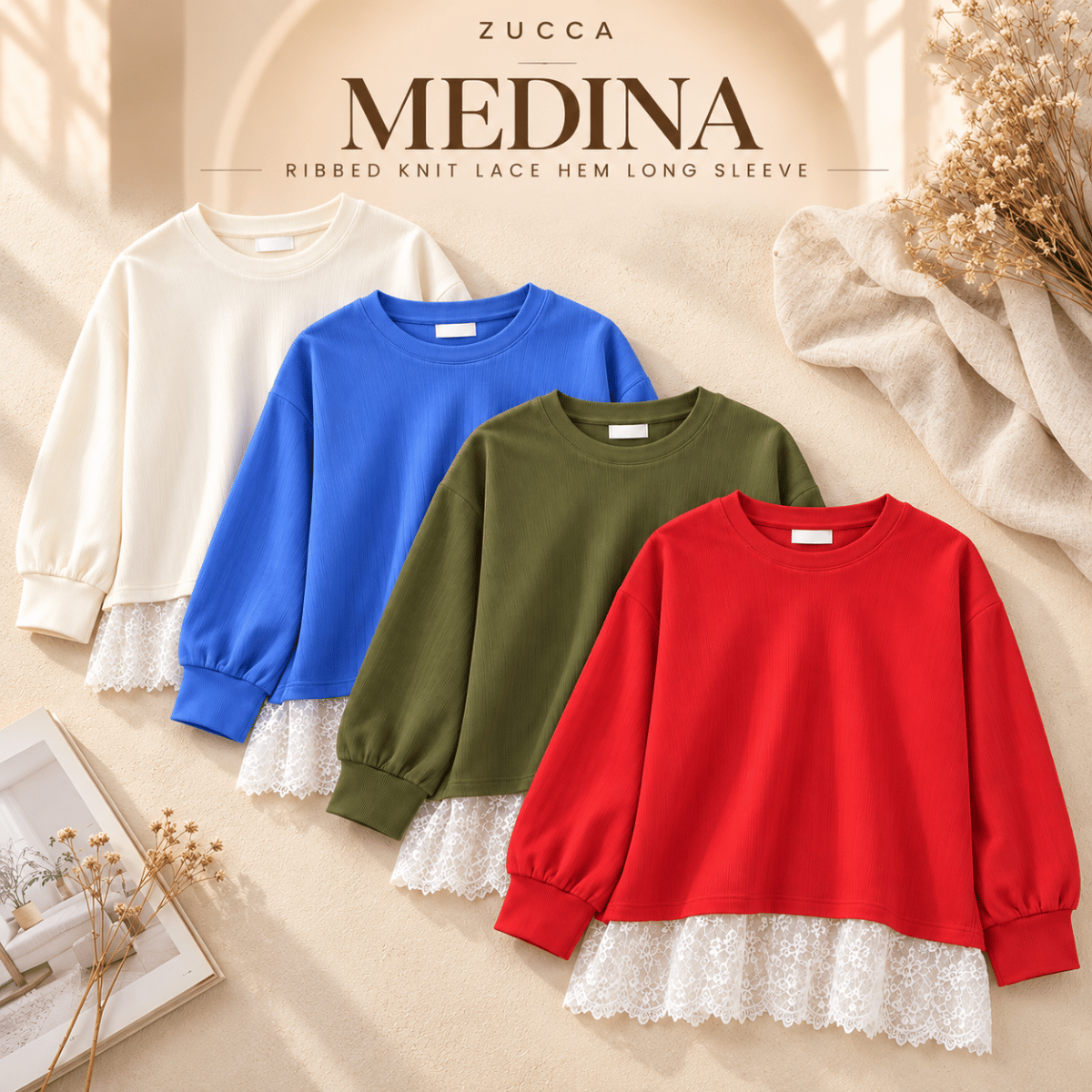 ZUCCA MEDINA RIBBED KNIT LACE HEM LONG SLEEVE -MA283