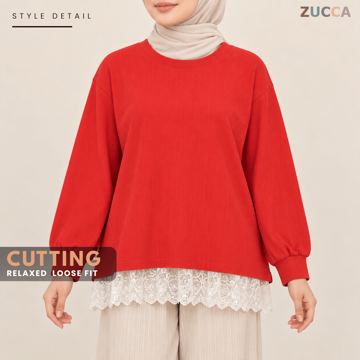 ZUCCA MEDINA RIBBED KNIT LACE HEM LONG SLEEVE -MA283