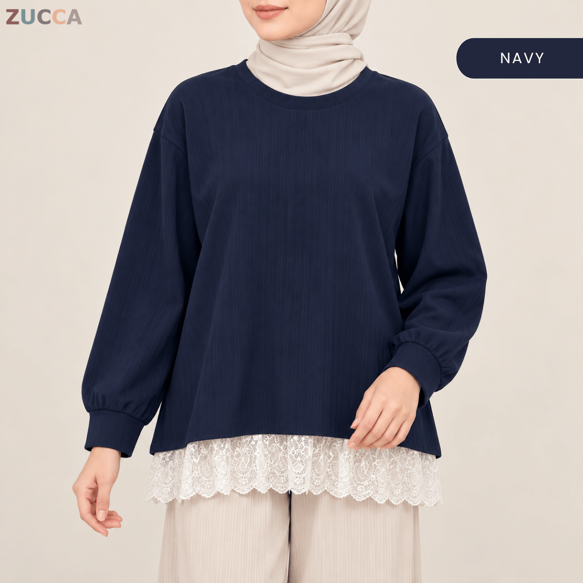 ZUCCA MEDINA RIBBED KNIT LACE HEM LONG SLEEVE -MA283