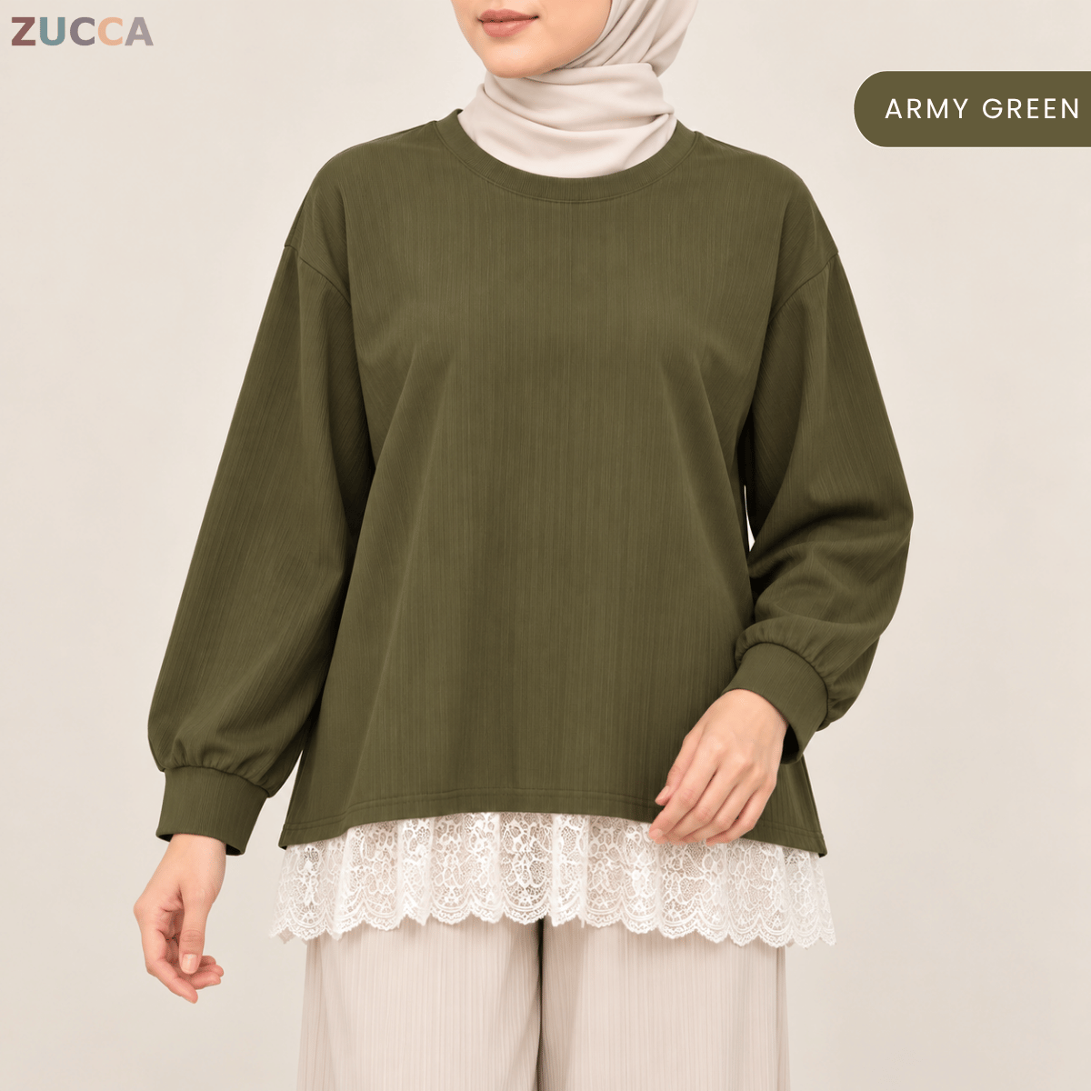ZUCCA MEDINA RIBBED KNIT LACE HEM LONG SLEEVE -MA283