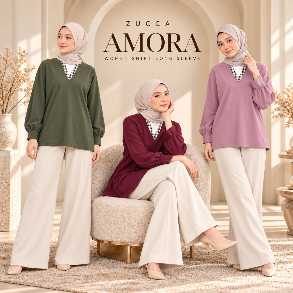 ZUCCA AMORA CASUAL CHECKERED V-NECK LONG SLEEVE BLOUSE - MA289