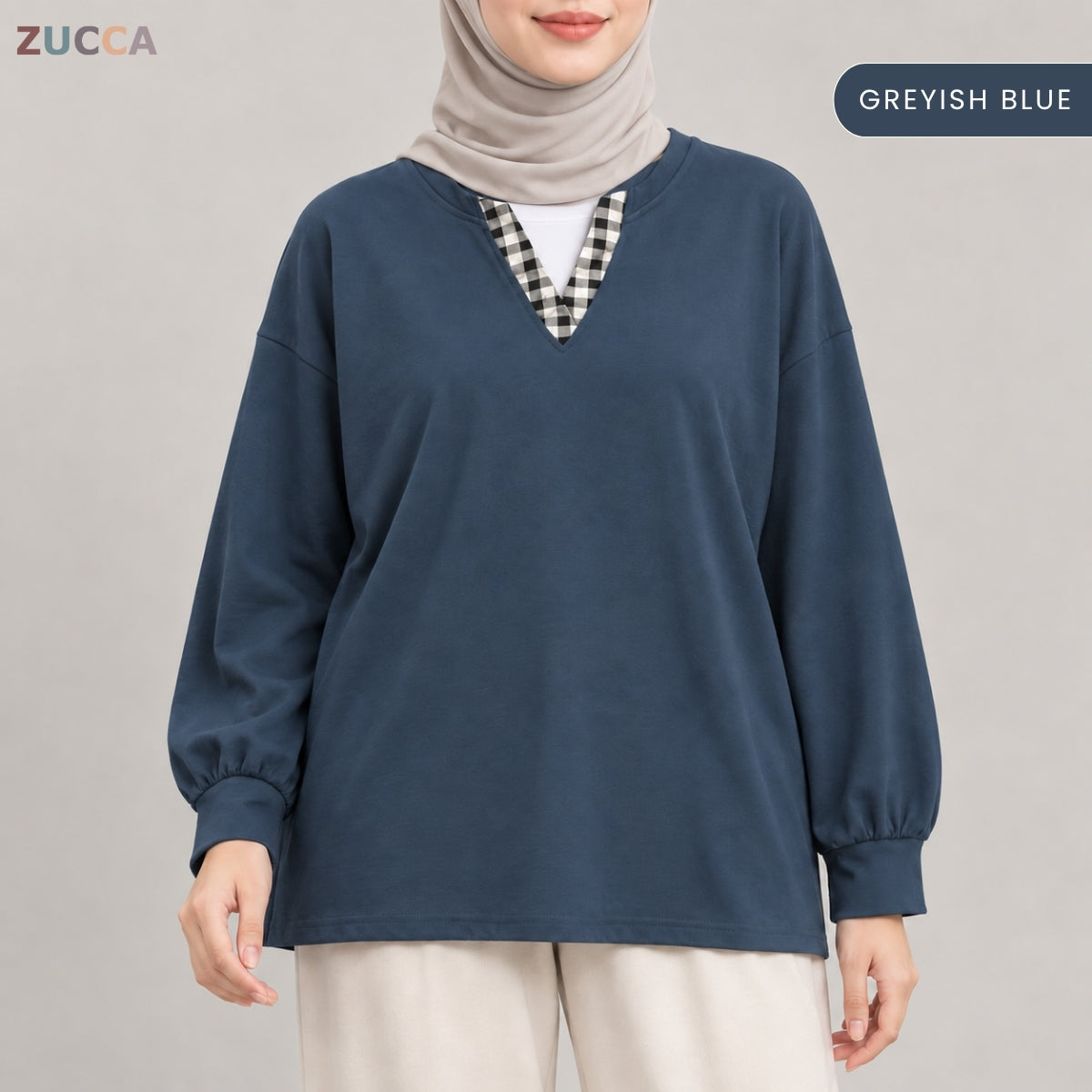 ZUCCA AMORA CASUAL CHECKERED V-NECK LONG SLEEVE BLOUSE - MA289