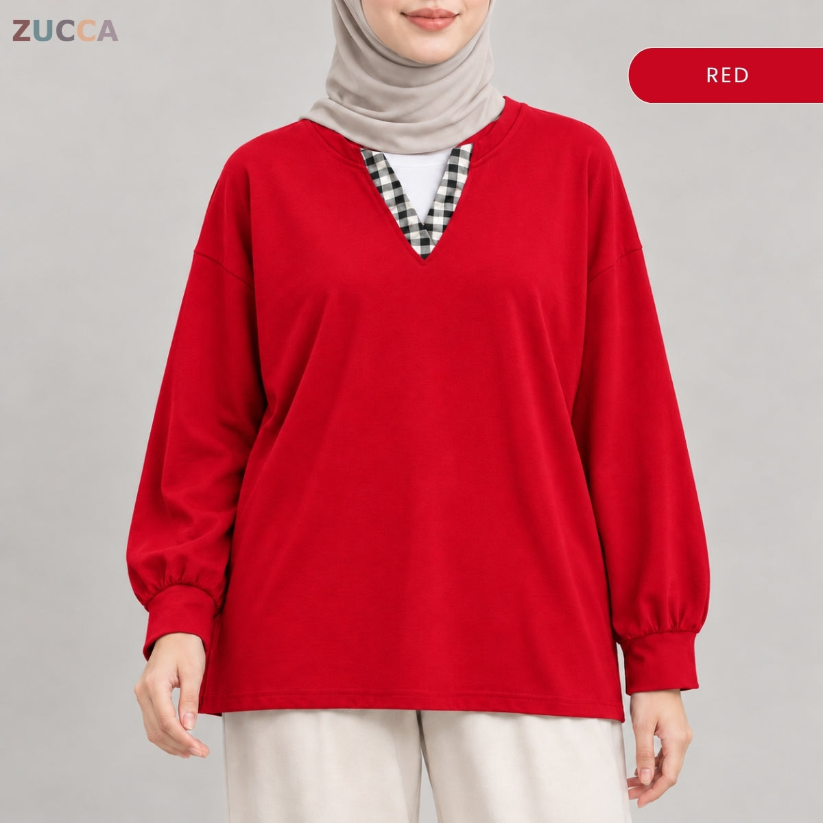 ZUCCA AMORA CASUAL CHECKERED V-NECK LONG SLEEVE BLOUSE - MA289