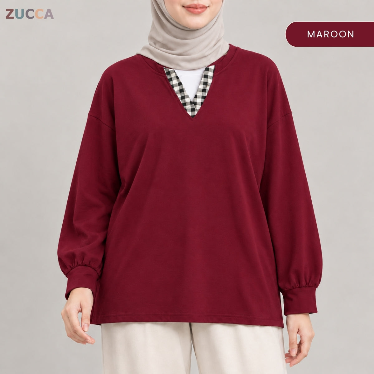 ZUCCA AMORA CASUAL CHECKERED V-NECK LONG SLEEVE BLOUSE - MA289