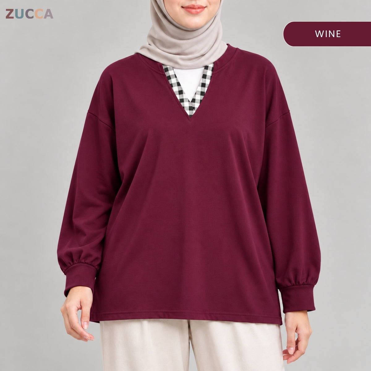 ZUCCA AMORA CASUAL CHECKERED V-NECK LONG SLEEVE BLOUSE - MA289