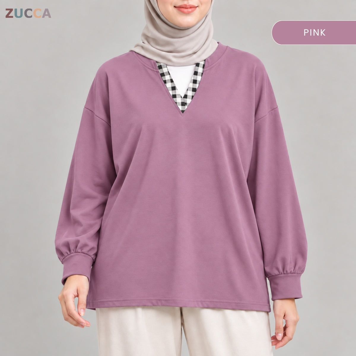 ZUCCA AMORA CASUAL CHECKERED V-NECK LONG SLEEVE BLOUSE - MA289