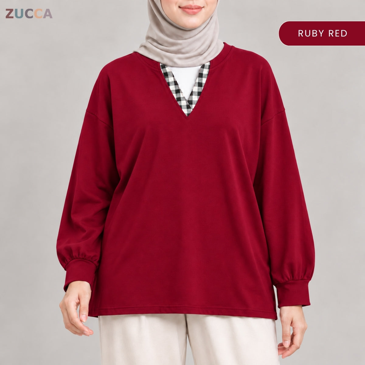 ZUCCA AMORA CASUAL CHECKERED V-NECK LONG SLEEVE BLOUSE - MA289