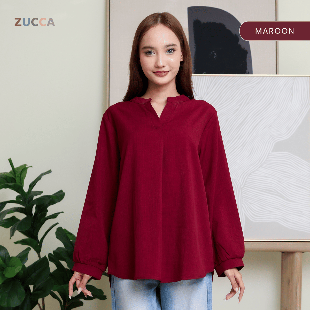 ZUCCA ANDRA KEMEJA KASUAL WANITA LEHER V TANPA CORAK - DM247