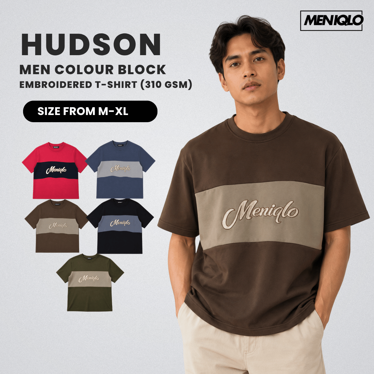 MENIQLO HUDSON MEN COLOUR BLOCK EMBROIDERED T-SHIRT - MQ1017(310GSM)
