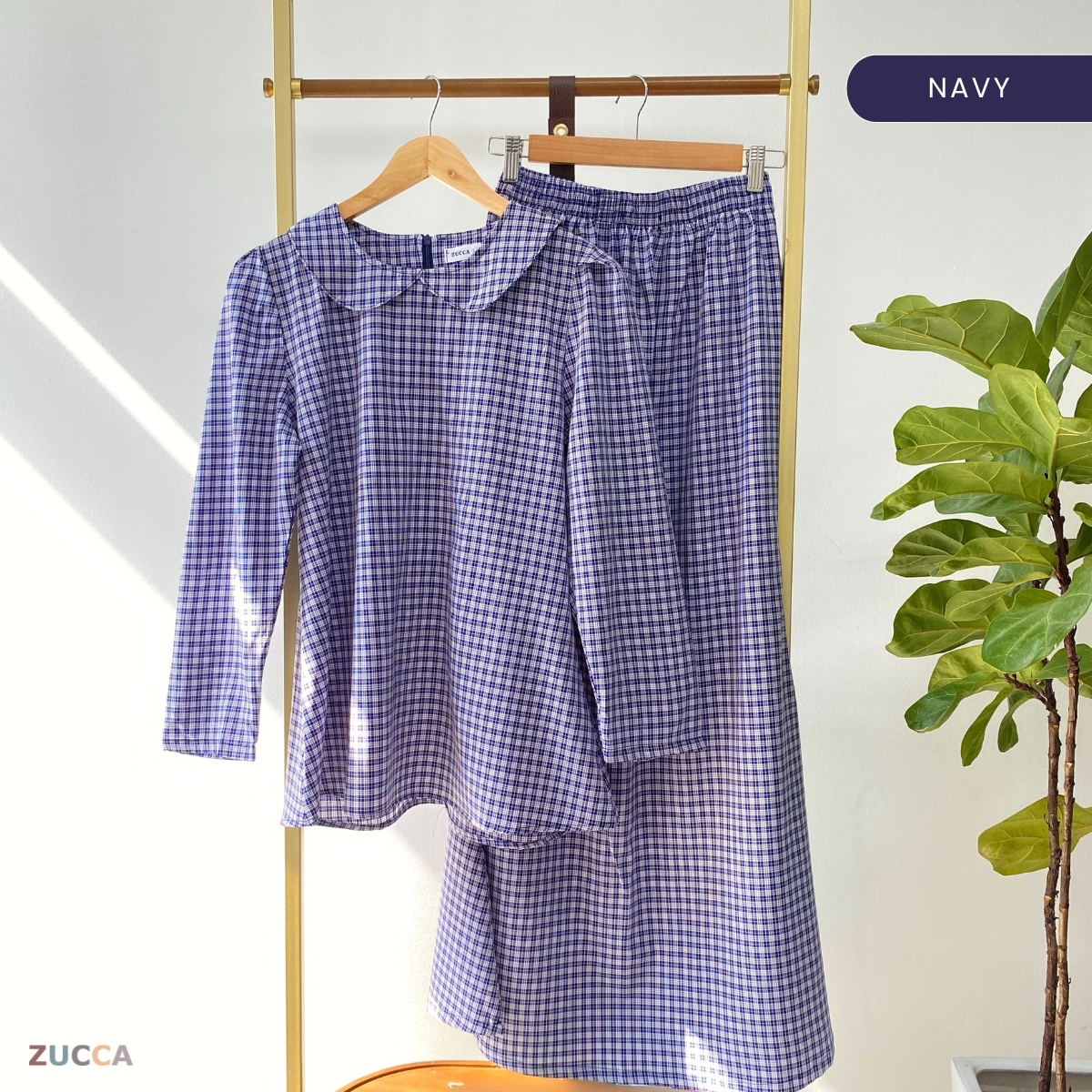 ZUCCA MARGARITA MODEST PLAID TWO-PIECE SET BLOUSE AND SKIRT - DMSET006