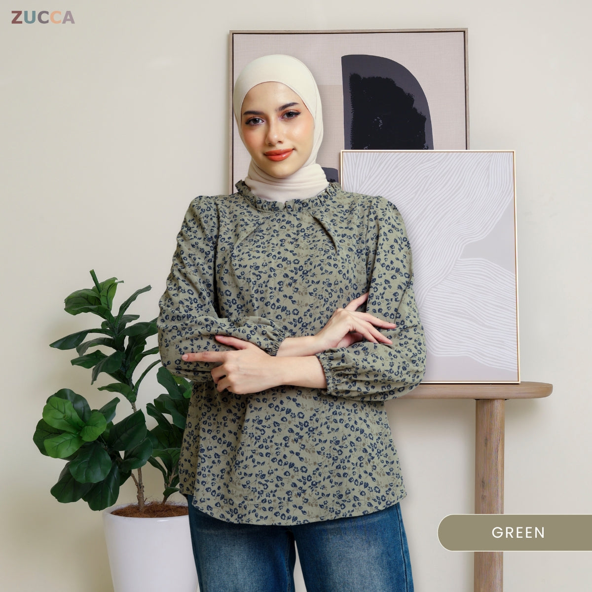 ZUCCA YULINA BLOUS WANITA BERCORAK FLORAL BERSERTA LEHER BERTINGKAT – DM094