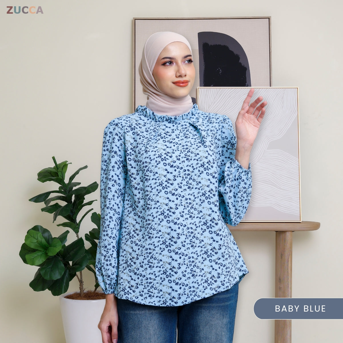 ZUCCA YULINA BLOUS WANITA BERCORAK FLORAL BERSERTA LEHER BERTINGKAT – DM094