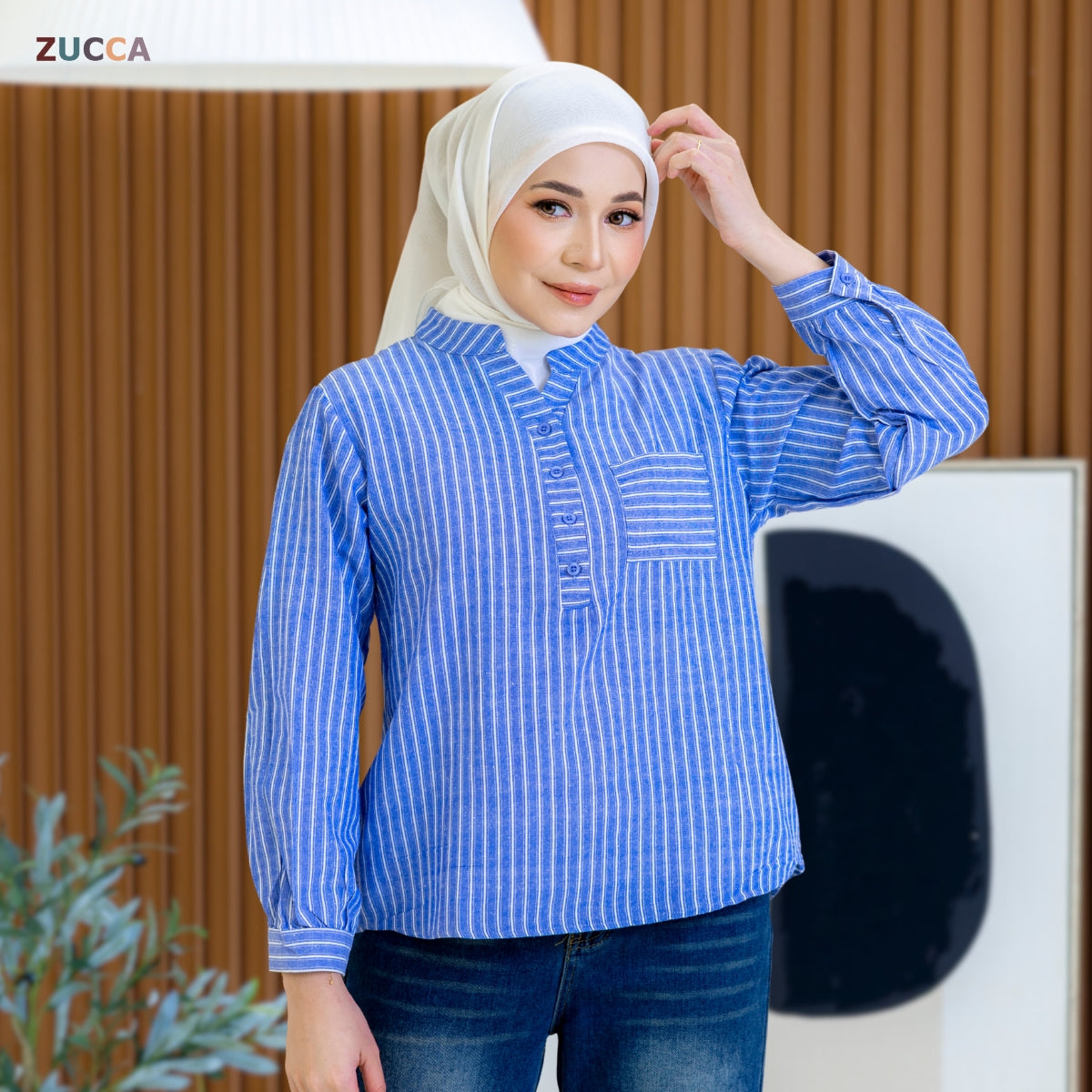 ZUCCA AKINI BLOUS WANITA BERGARIS LEHER V – DM166 (GAYA KOREA)