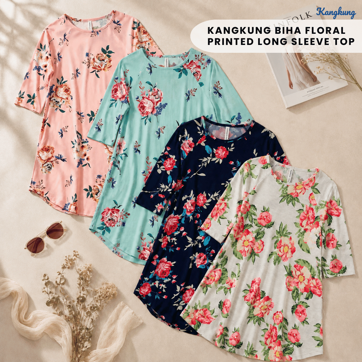 KANGKUNG BIHA FLORAL PRINTED LONG SLEEVE TOP-Q009