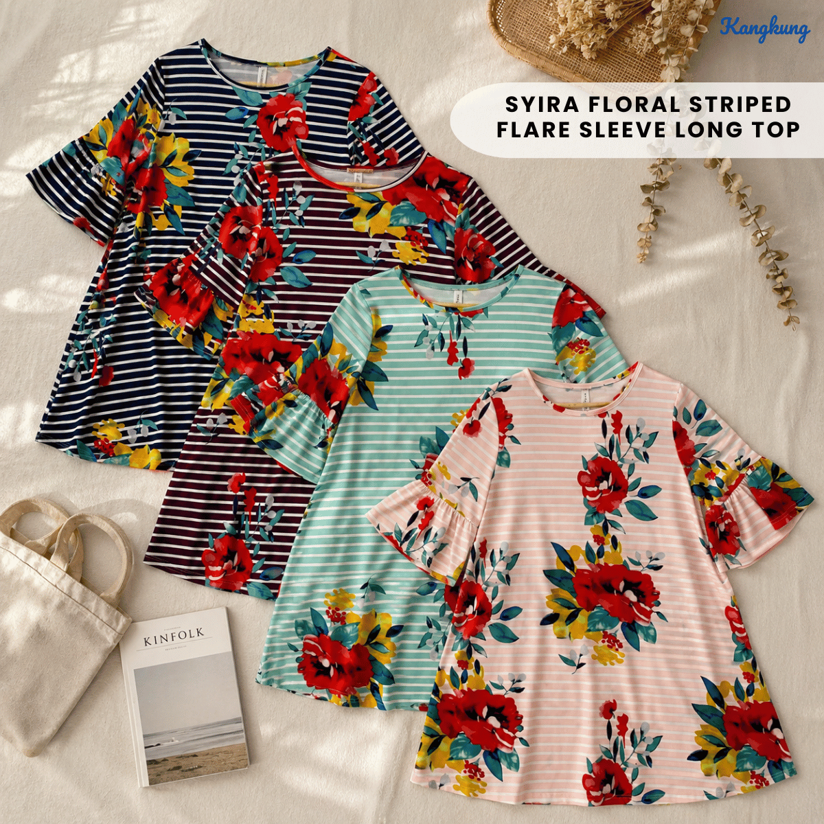 KANGKUNG SYIRA FLORAL STRIPED FLARE SLEEVE LONG TOP - Q010(201959)