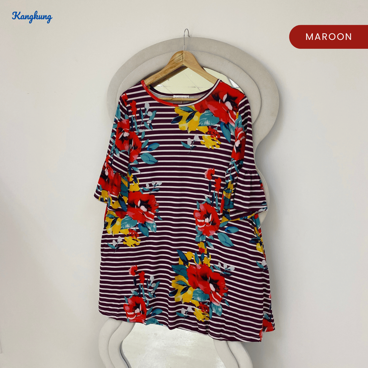 KANGKUNG SYIRA FLORAL STRIPED FLARE SLEEVE LONG TOP - Q010(201959)