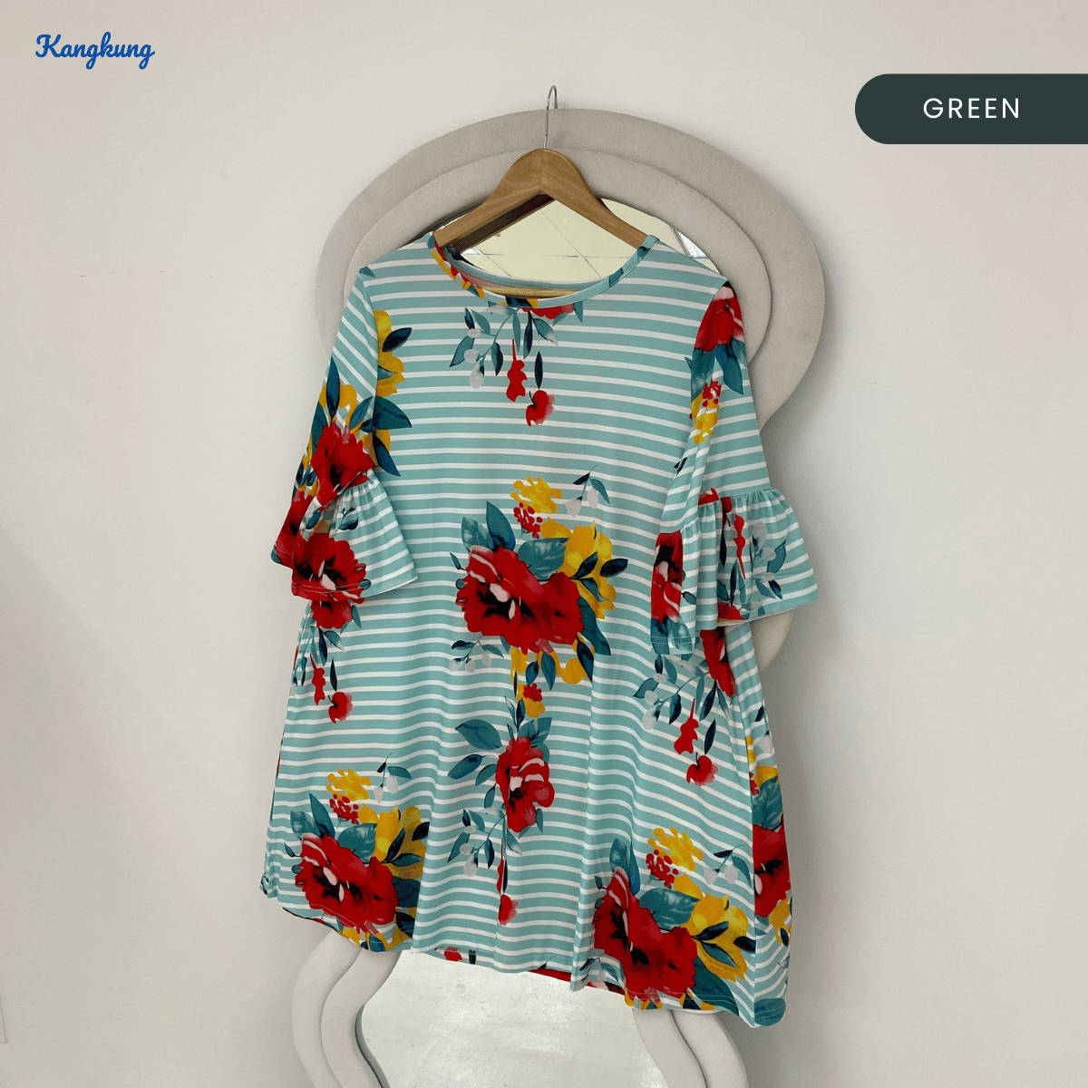 KANGKUNG SYIRA FLORAL STRIPED FLARE SLEEVE LONG TOP - Q010(201959)