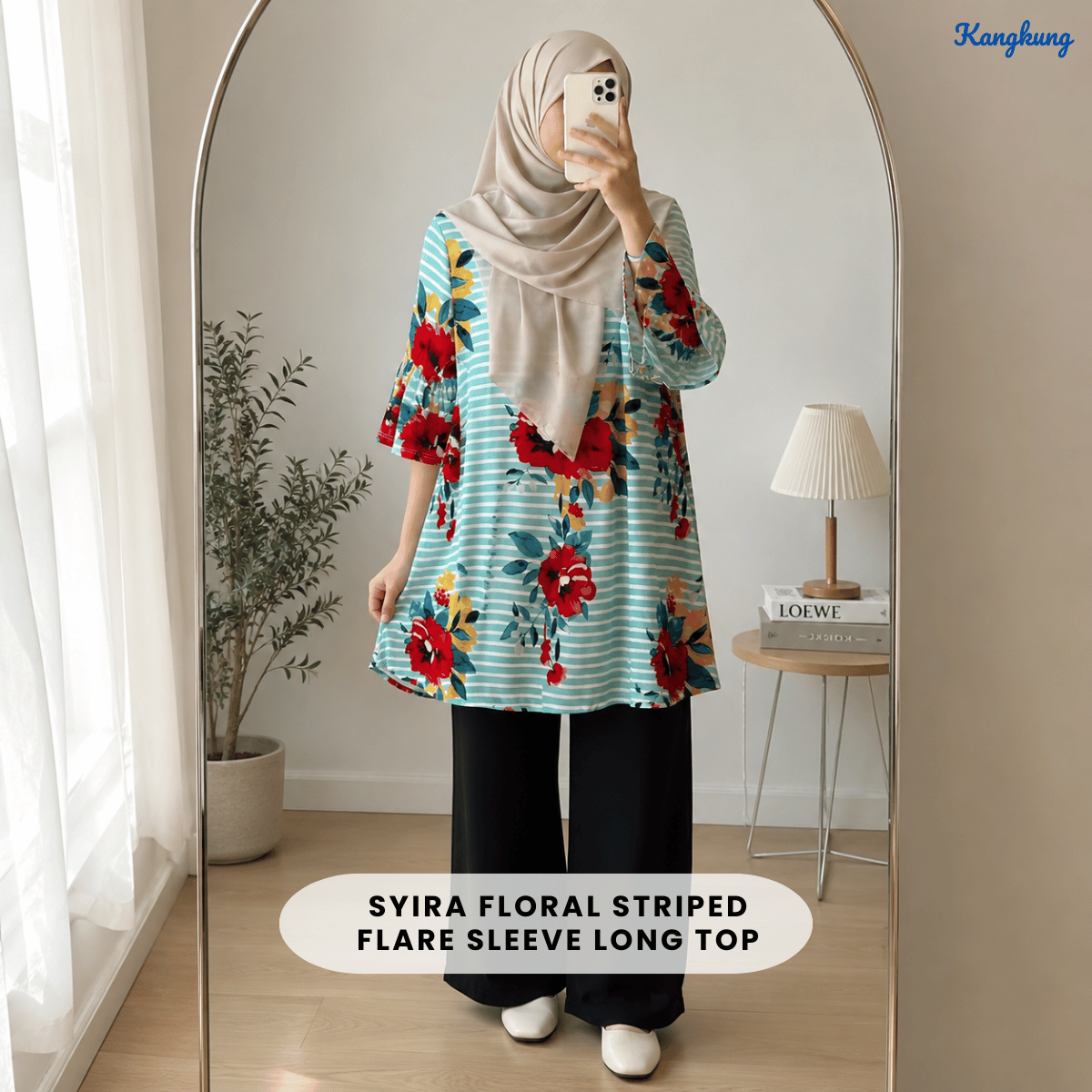 KANGKUNG SYIRA FLORAL STRIPED FLARE SLEEVE LONG TOP - Q010(201959)