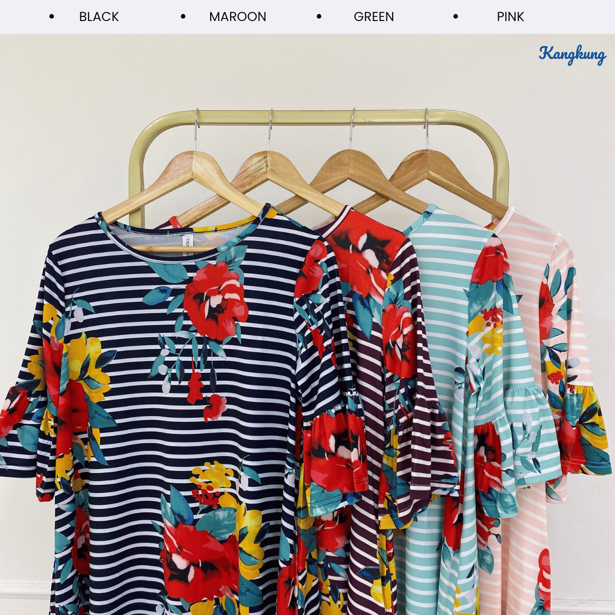 KANGKUNG SYIRA FLORAL STRIPED FLARE SLEEVE LONG TOP - Q010(201959)