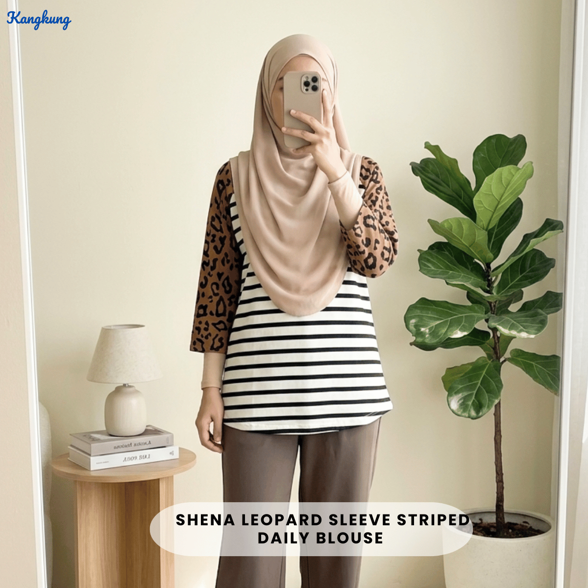 KANGKUNG SHENA LEOPARD SLEEVE STRIPED DAILY BLOUSE-Q011