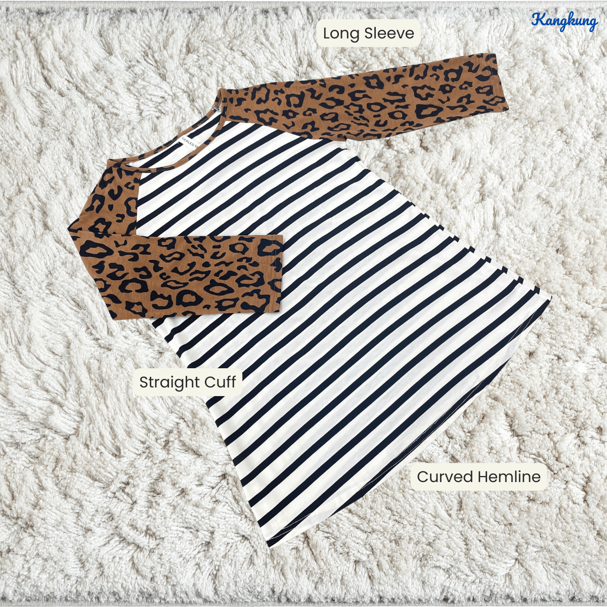 KANGKUNG SHENA LEOPARD SLEEVE STRIPED DAILY BLOUSE-Q011