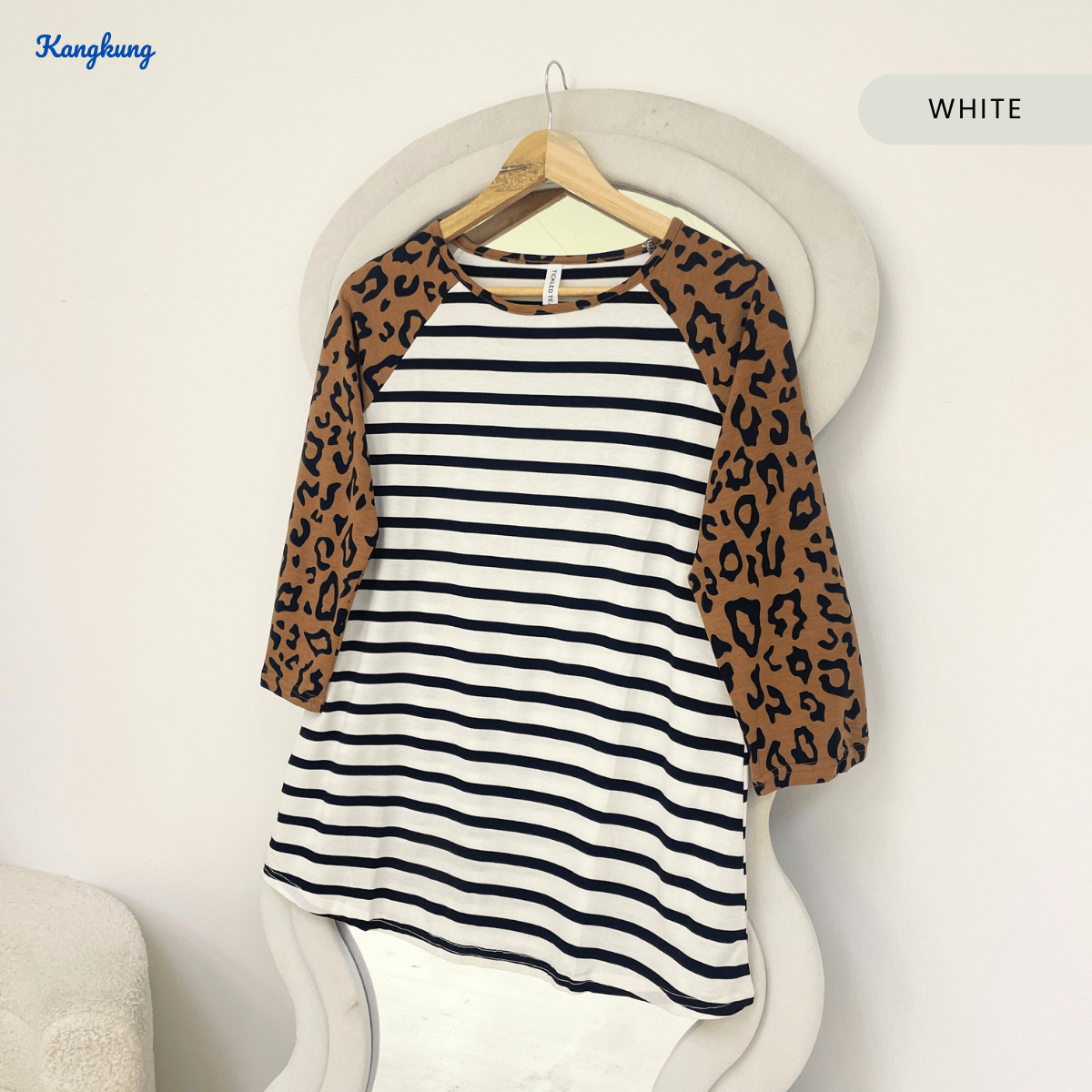 KANGKUNG SHENA LEOPARD SLEEVE STRIPED DAILY BLOUSE-Q011