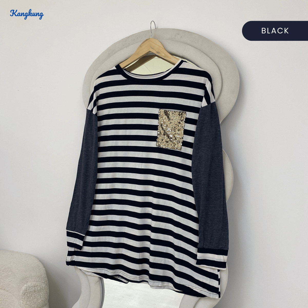 KANGKUNG HALINA STRIPED CONTRAST SLEEVE TOP - Q015 (#177)