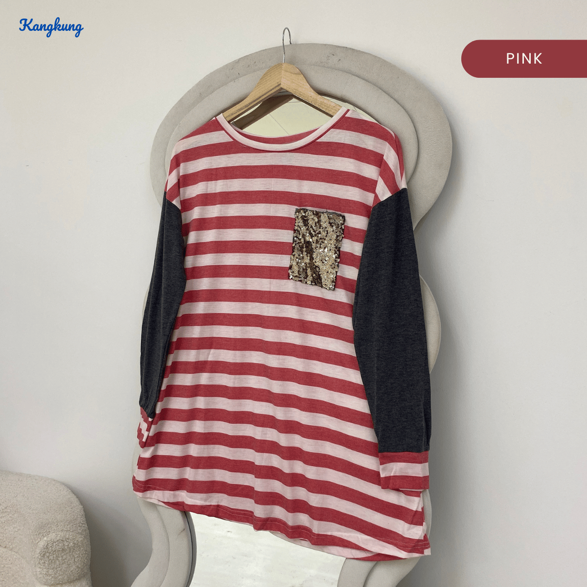 KANGKUNG HALINA STRIPED CONTRAST SLEEVE TOP - Q015 (#177)