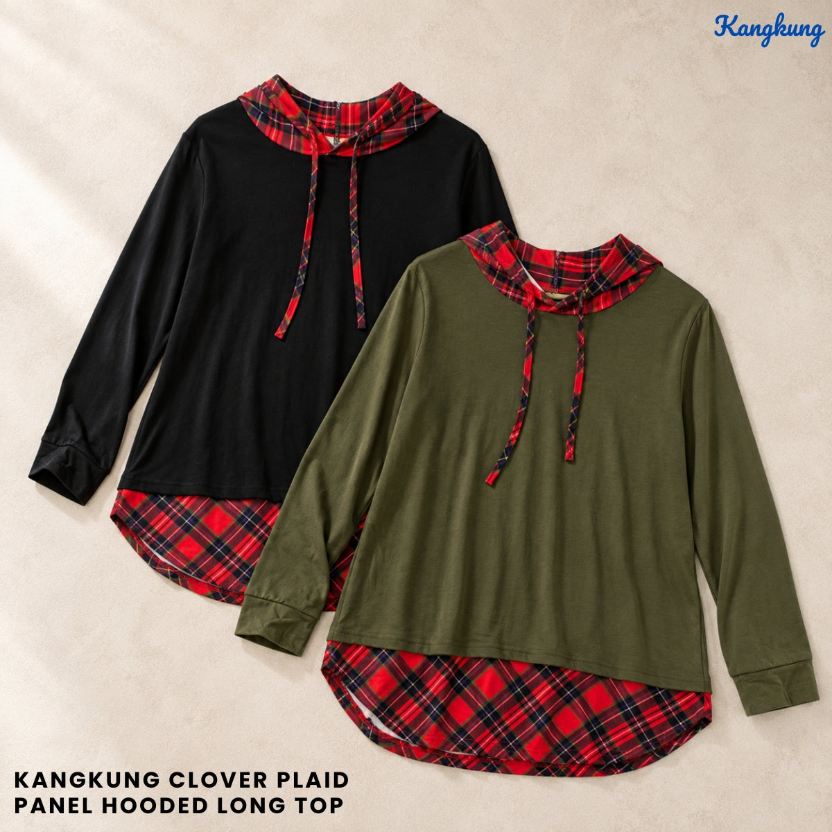 KANGKUNG CLOVER PLAID PANEL HOODED LONG TOP - Q016