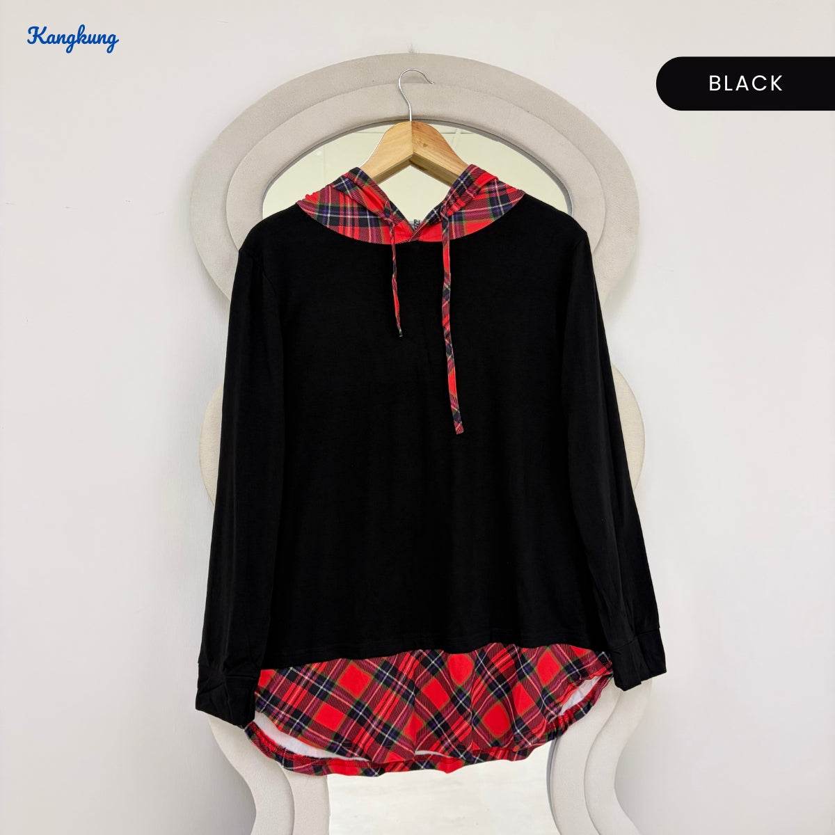 KANGKUNG CLOVER PLAID PANEL HOODED LONG TOP - Q016