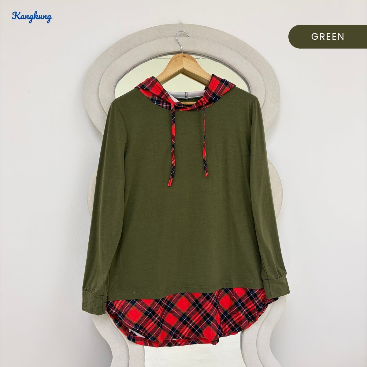 KANGKUNG CLOVER PLAID PANEL HOODED LONG TOP - Q016