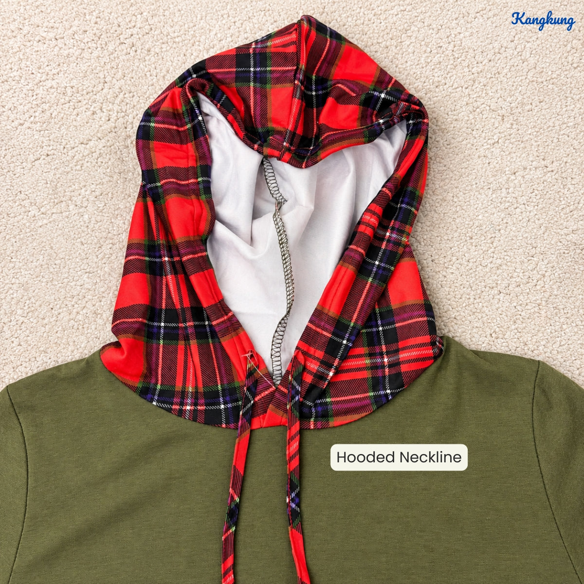 KANGKUNG CLOVER PLAID PANEL HOODED LONG TOP - Q016