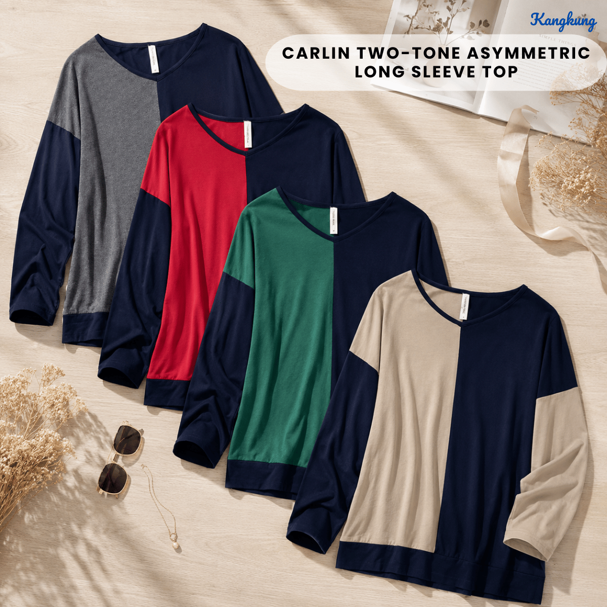 KANGKUNG CARLIN TWO-TONE ASYMMETRIC LONG SLEEVE TOP - Q018